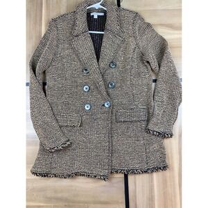 Chicos Black Tan Textured Double Breasted Fringe Blazer Jacket Womens Size M